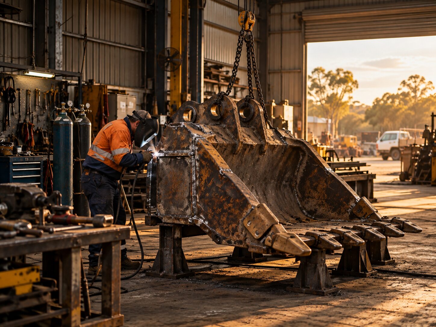 Tradesperson welding a large heavy-equipment bucket inside a workshop