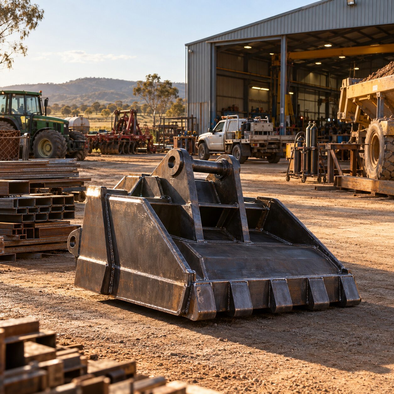 Fabricated heavy attachment outside a workshop, with a tractor and heavy equipment nearby