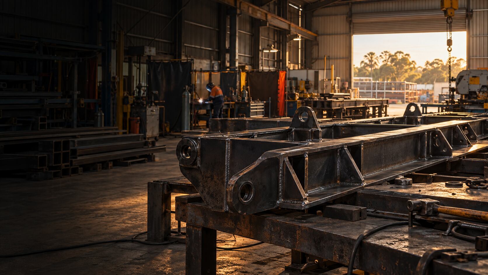 Atmospheric engineering workshop with a large fabricated steel component in the foreground